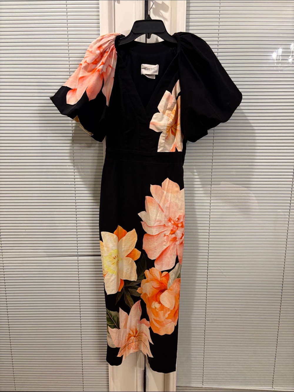 BHLDN Black Midi Dress with Coral & Peach Floral Print